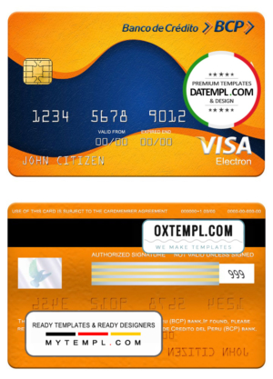 editable template, Peru Banco de Credito del Peru (BCP) bank visa electron card, fully editable template in PSD format