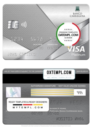 editable template, Portugal Banco Carregosa bank visa platinum card, fully editable template in PSD format