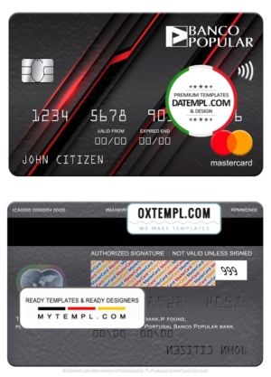 editable template, Portugal Banco Popular bank mastercard, fully editable template in PSD format