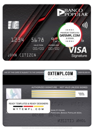 editable template, Portugal Banco Popular bank visa signature card, fully editable template in PSD format