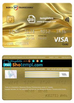 editable template, Romania Banca Transilvania bank visa gold card, fully editable template in PSD format