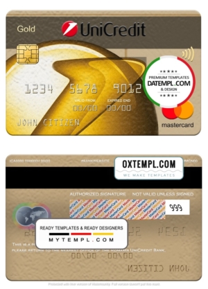 editable template, Romania UniCredit Bank mastercard gold, fully editable template in PSD format