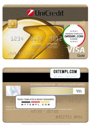 editable template, Romania UniCredit Bank visa gold card, fully editable template in PSD format