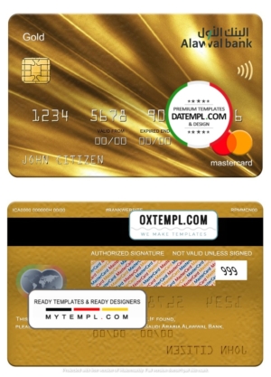editable template, Saudi Arabia Alawwal Bank mastercard gold, fully editable template in PSD format