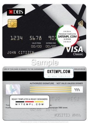 editable template, Singapore DBS bank visa classic card, fully editable template in PSD format