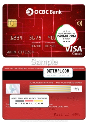 editable template, Singapore OCBC bank visa classic card, fully editable template in PSD format