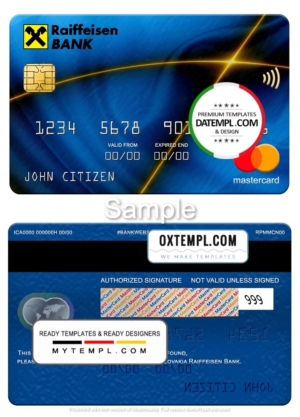 editable template, Slovakia Raiffeisen Bank mastercard, fully editable template in PSD format