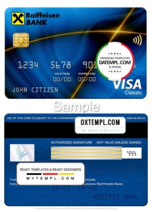 editable template, Slovakia Raiffeisen Bank visa classic card, fully editable template in PSD format