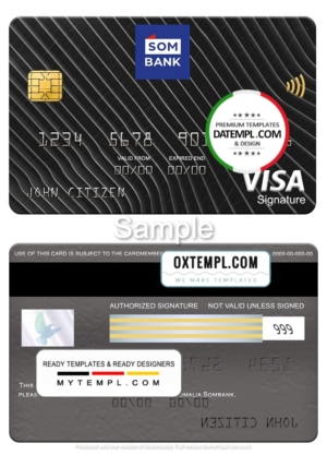 editable template, Somalia Sombank visa signature card, fully editable template in PSD format