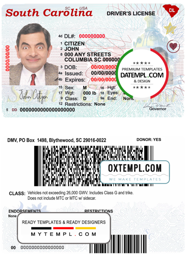 editable template, USA South Carolina state driving license template in PSD format (2020 - present)