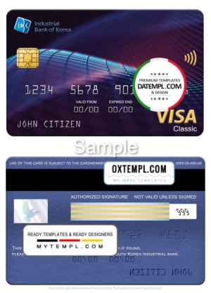 editable template, South Korea Industrial bank visa classic card, fully editable template in PSD format