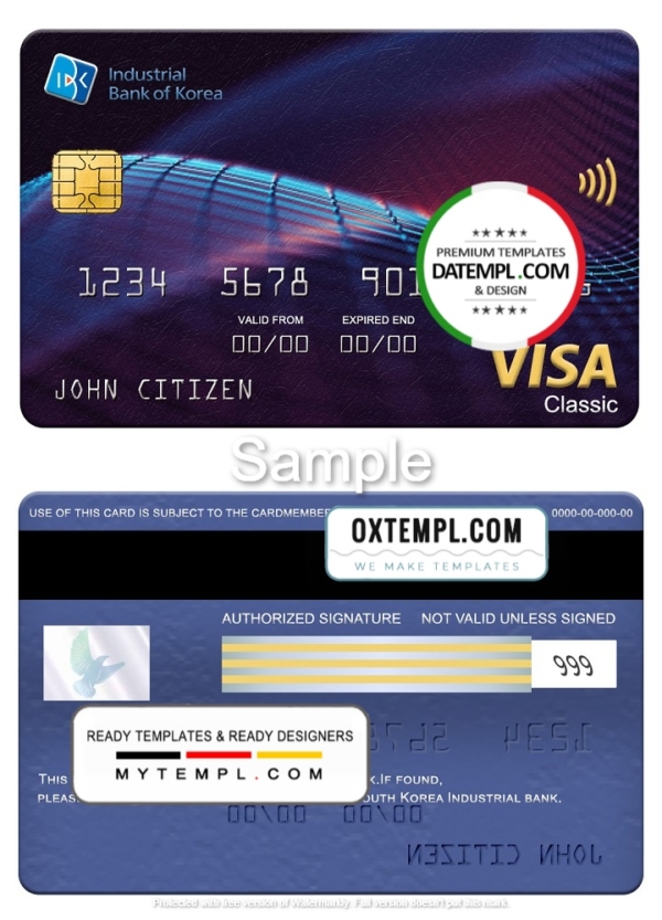 editable template, South Korea Industrial bank visa classic card, fully editable template in PSD format