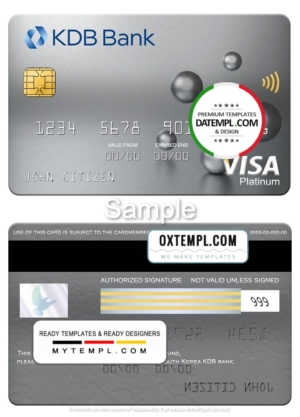 editable template, South Korea KDB bank visa platinum card, fully editable template in PSD format