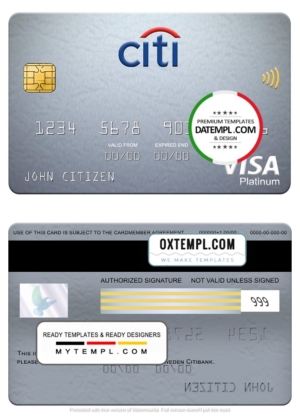 editable template, Sweden Citibank visa platinum card, fully editable template in PSD format