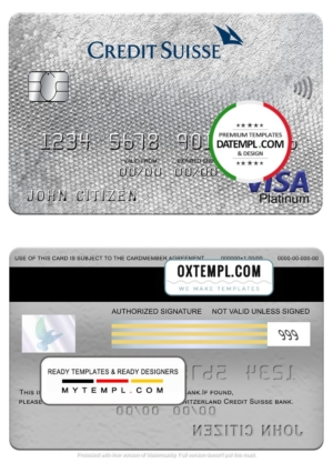 editable template, Switzerland Credit Suisse bank visa platinum card, fully editable template in PSD format