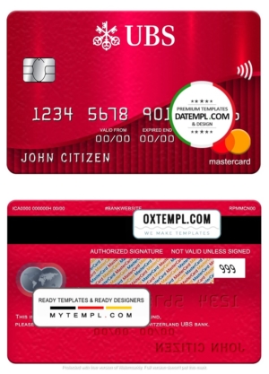 editable template, Switzerland UBS bank mastercard, fully editable template in PSD format