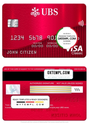 editable template, Switzerland UBS bank visa classic card, fully editable template in PSD format