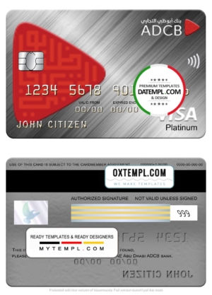 editable template, UAE Abu Dhabi ADCB bank visa platinum card, fully editable template in PSD format