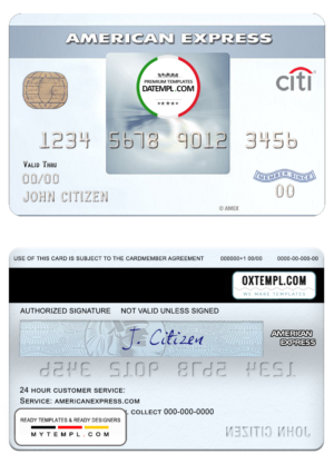 editable template, USA Citibank AMEX everyday® credit card template in PSD format, fully editable