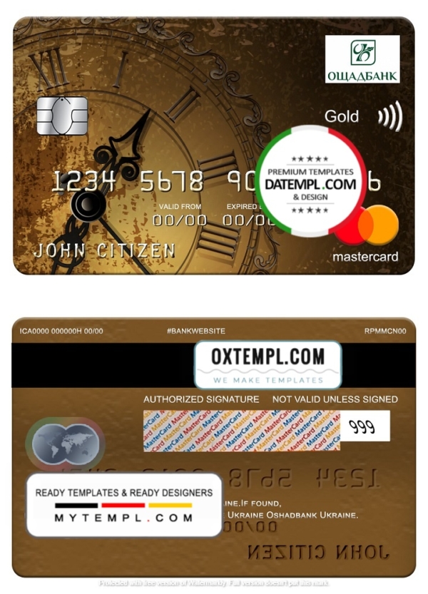 editable template, Ukraine Oshadbank mastercard gold, fully editable template in PSD format