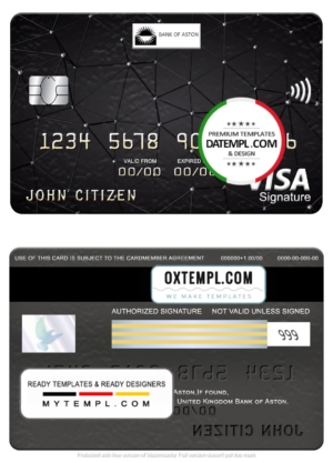 editable template, United Kingdom Bank of Aston bank visa signature card, fully editable template in PSD format