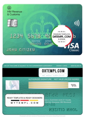 editable template, United Kingdom HM Revenue & Customs bank visa classic card, fully editable template in PSD format