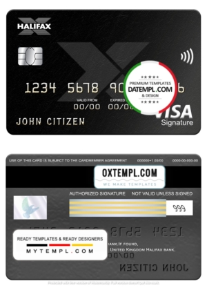 editable template, United Kingdom Halifax bank visa signature card, fully editable template in PSD format