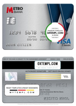 editable template, United Kingdom Metro Bank visa classic card, fully editable template in PSD format