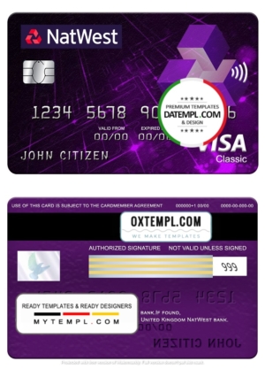 editable template, United Kingdom NatWest bank visa classic card, fully editable template in PSD format