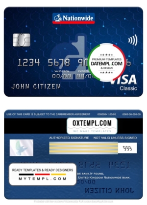 editable template, United Kingdom Nationwide bank visa classic card, fully editable template in PSD format