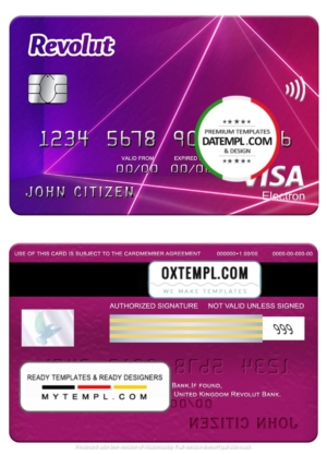 editable template, United Kingdom Revolut Bank visa electron card, fully editable template in PSD format