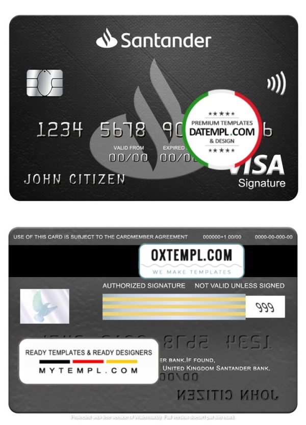 editable template, United Kingdom Santander bank visa signature card, fully editable template in PSD format