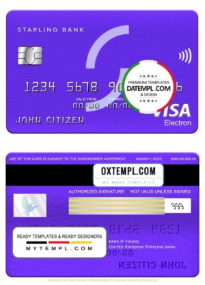 editable template, United Kingdom Starling bank visa electron card, fully editable template in PSD format