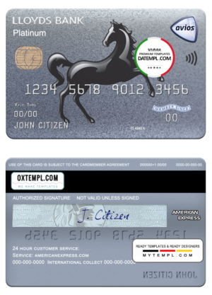 editable template, United Kingdom Lloyds american express platinum card template in PSD format, fully editable