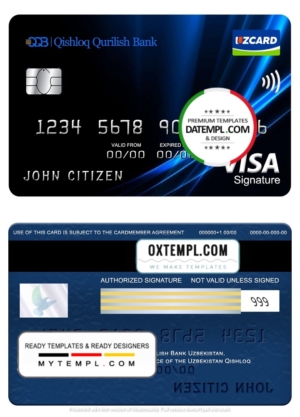 editable template, Uzbekistan Qishloq Qurilish Bank visa signature card, fully editable template in PSD format