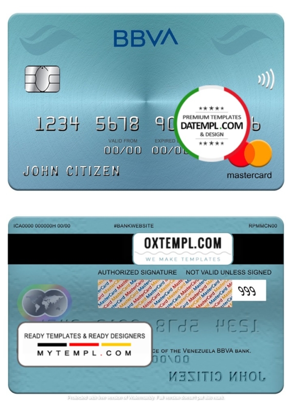 editable template, Venezuela BBVA bank mastercard, fully editable template in PSD format