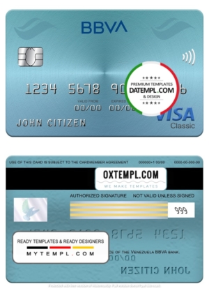 editable template, Venezuela BBVA bank visa classic card, fully editable template in PSD format