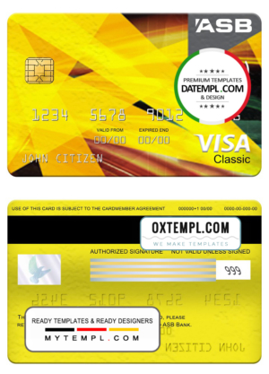 editable template, New Zealand ASB bank visa classic card, fully editable template in PSD format