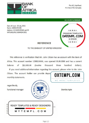editable template, Uganda Bank of Africa account reference letter template in Word and PDF format