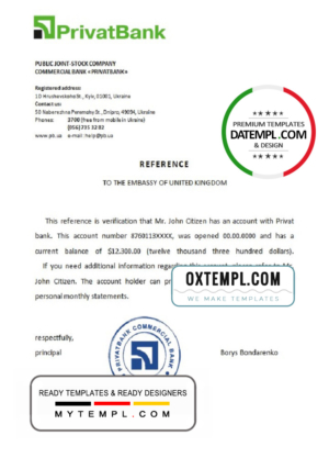 editable template, Ukraine Privatbank reference letter template in Word and PDF format