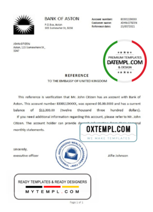 editable template, United Kingdom Bank of Aston reference letter template in Word and PDF format