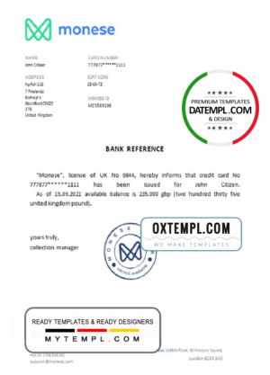 editable template, United Kingdom Monese bank account balance reference letter template in Word and PDF format