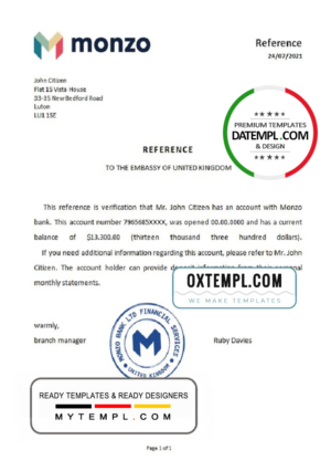 editable template, United Kingdom Monzo bank reference letter template in Word and PDF format