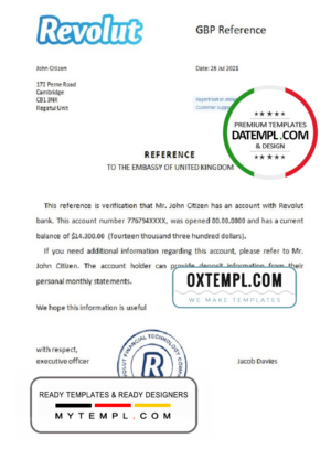editable template, United Kingdom Revolut bank reference letter template in Word and PDF format