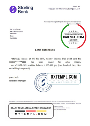 editable template, United Kingdom Starling bank reference letter template in Word and PDF format