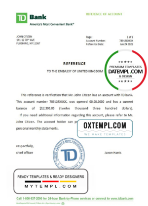 editable template, USA TD Bank bank account reference letter template in Word and PDF format