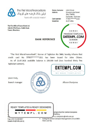 editable template, Tajikistan The First MicroFinanceBank reference account reference letter template in Word and PDF format