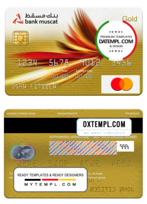 editable template, Oman Bank Muscat mastercard gold, fully editable template in PSD format
