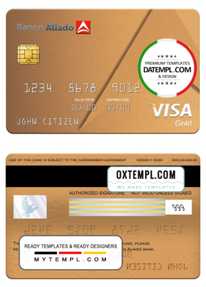 editable template, Panama Banco Aliado bank visa gold card, fully editable template in PSD format