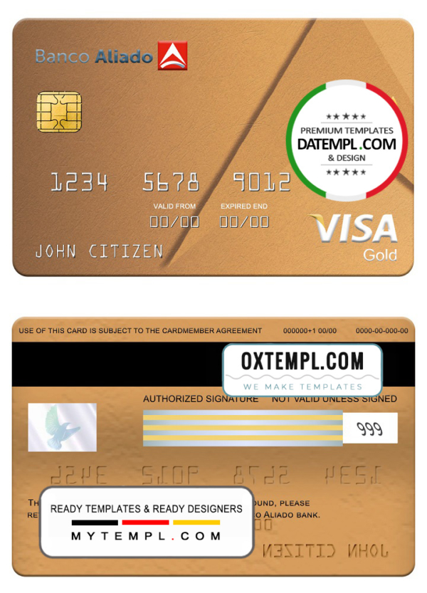 editable template, Panama Banco Aliado bank visa gold card, fully editable template in PSD format